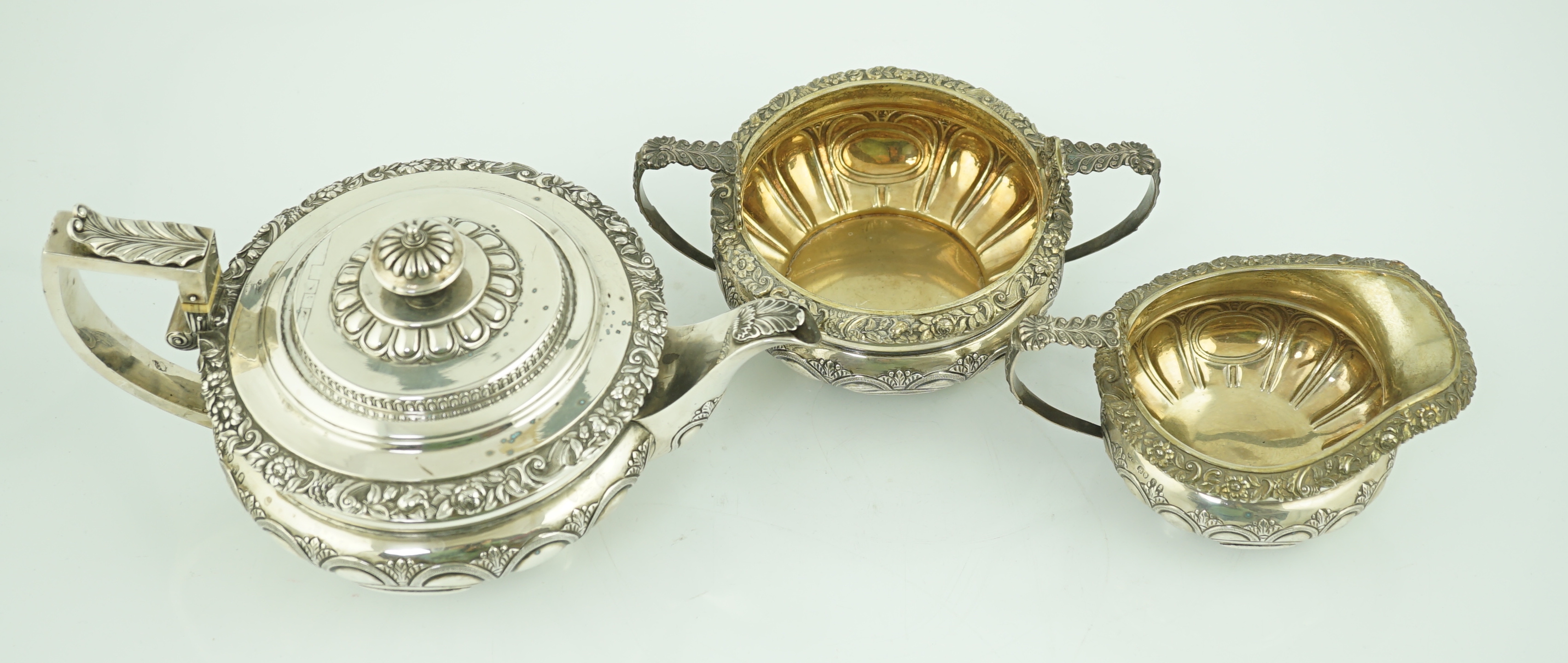 A George IV silver three piece tea set, by William Bateman